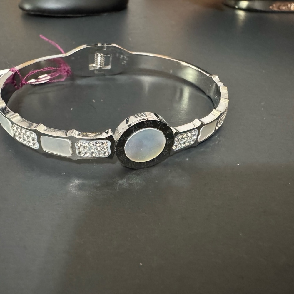 Silver Crystal & Mother-of-Pearl Look Bangle Bracelet